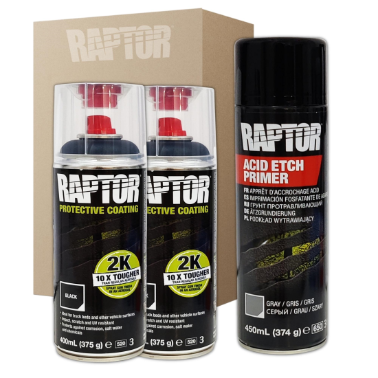2 x Spray Pintura Raptor 2K Negro 400 Ml + 1 x Imprimación Fosfatante ACID  Raptor