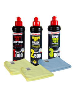 Kit Pulido Menzerna 1000 Corte, 2500 Medio, 3800 Abrillantador 250 Ml + 3 Microfibras 40X40