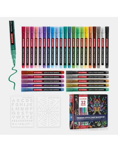 SET 32 Piezas con 30 Rotuladores Acrílicos Punta Fina 0,7 mm Starkson