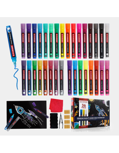 SET 36 Piezas con 32 Rotuladores de Tiza para Pizarra y Vidrio Starkson